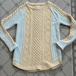 L.L. Bean Cable Knit Fisherman Sweater in Cream and Light Blue